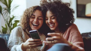 unny lesbian relationship memes - couple laughing at phone