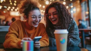 laughing friends browsing lesbian memes 2025 in a cafe