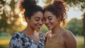 Lesbian couple first date park walk