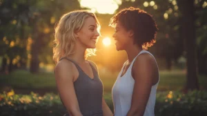 Lesbian couple sharing a tender moment outdoors