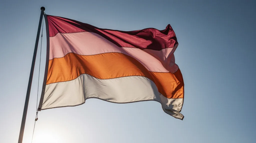Lesbian Flag: Meaning, History, and Why There Are Two Versions 5 Sunset Lesbian Flag with seven stripes in orange, pink, and white colors, waving in the sky, symbolizing inclusivity and lesbian pride