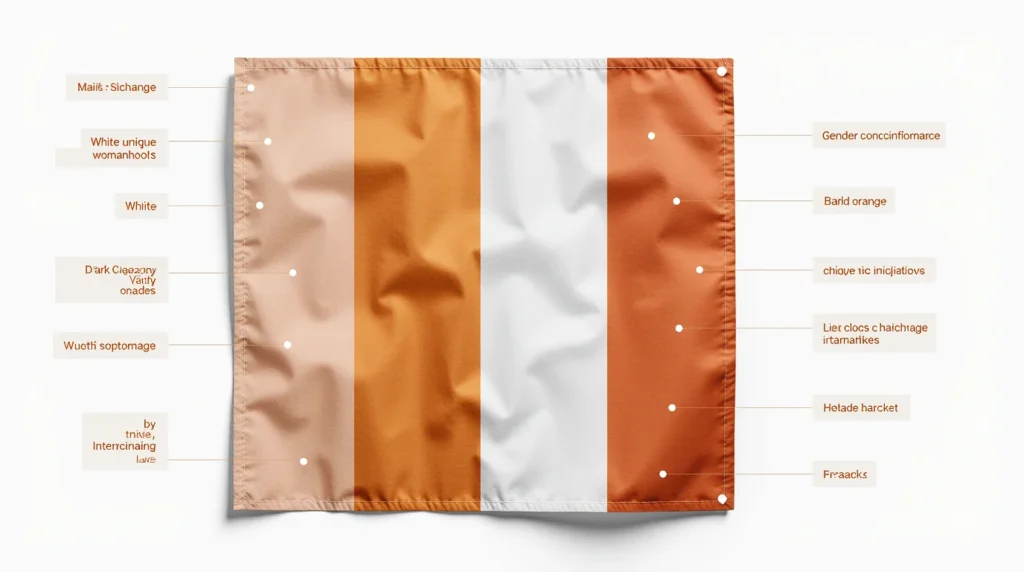 Lesbian Flag: Meaning, History, and Why There Are Two Versions 2 Infographic showing the Sunset Lesbian Flag with 7 stripes explained: dark orange for gender non-conformity, orange for independence, white for womanhood, light pink for serenity, and dark pink for femininity