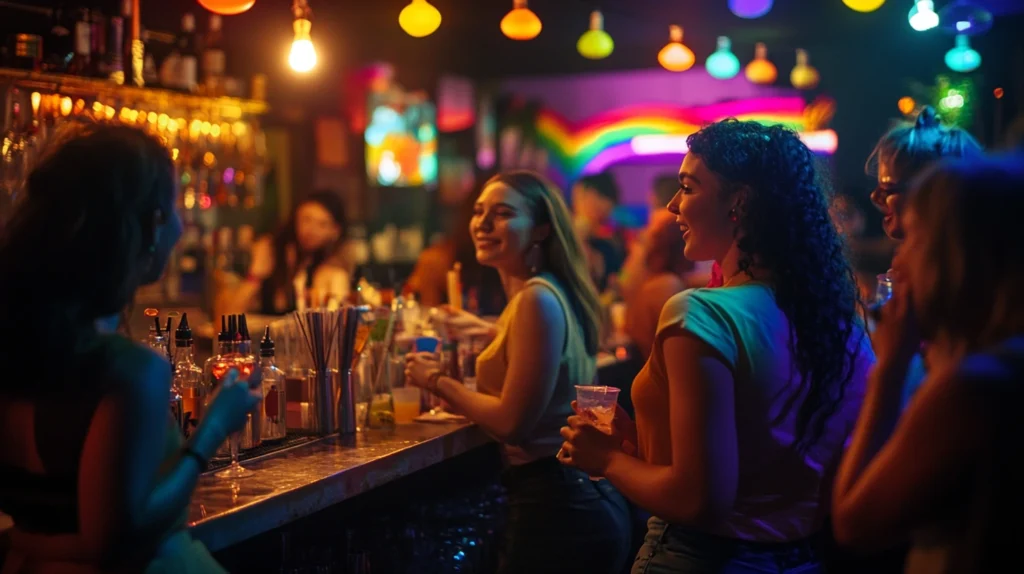 How to Get a Girlfriend as a Lesbian: Top 7 Tips That Work 3 Sapphic women socializing and dancing in an LGBTQ+ bar