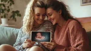 Lesbian couple holding ultrasound photo excited about pregnancy options