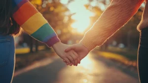 Lesbian couple holding hands in a park at sunset