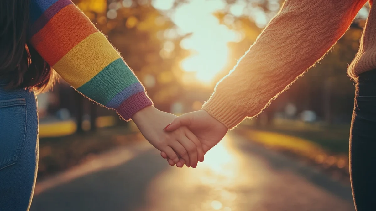 Lesbian couple holding hands in a park at sunset