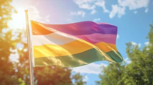 lesbian flag with orange pink and white stripes waving
