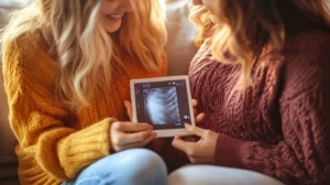 Lesbian couple holding sonogram close-up