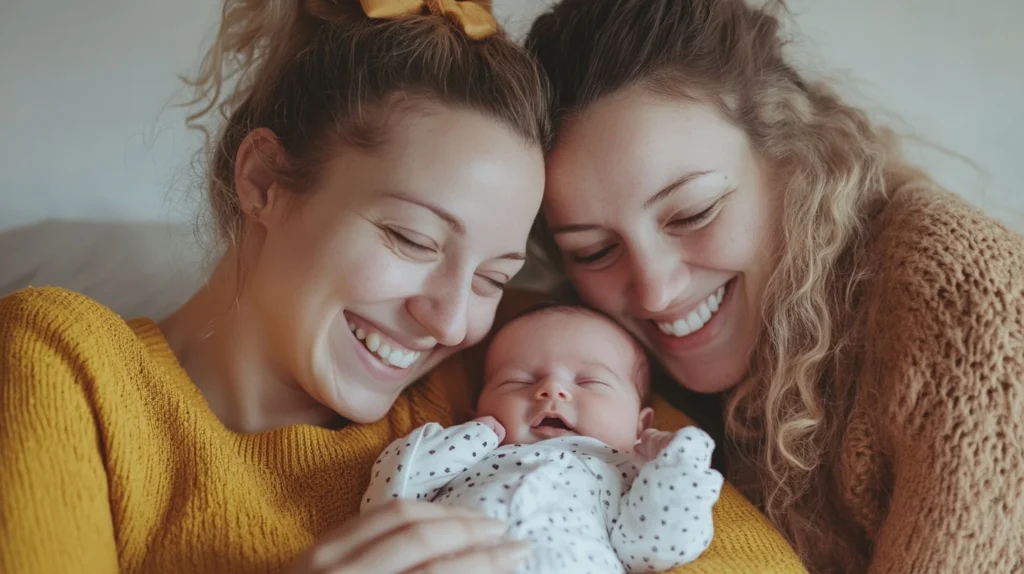 Can Two Females Get Pregnant Together? Here’s What You Need to Know 3 Lesbian mothers holding their newborn baby