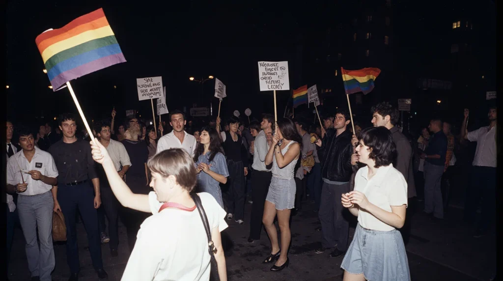 Stonewall Riots: The Uprising That Sparked the Modern LGBTQ+ Rights Movement 2 LGBTQ+ activists waving rainbow flags during the Stonewall Riots protest in New York City, 1969