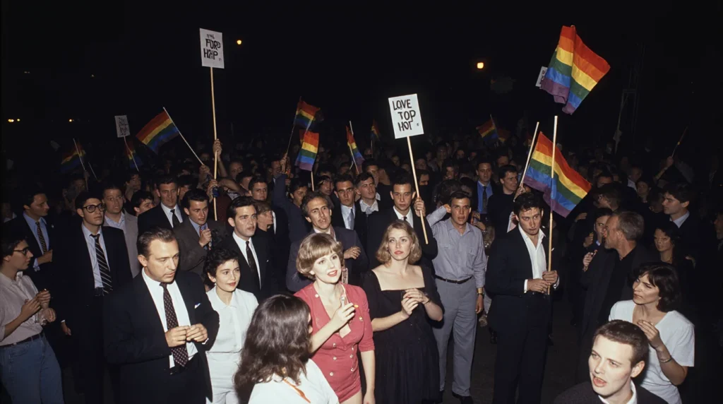 Stonewall Riots: The Uprising That Sparked the Modern LGBTQ+ Rights Movement 3 LGBTQ+ activists waving rainbow flags during the Stonewall Riots protest in New York City, 1969