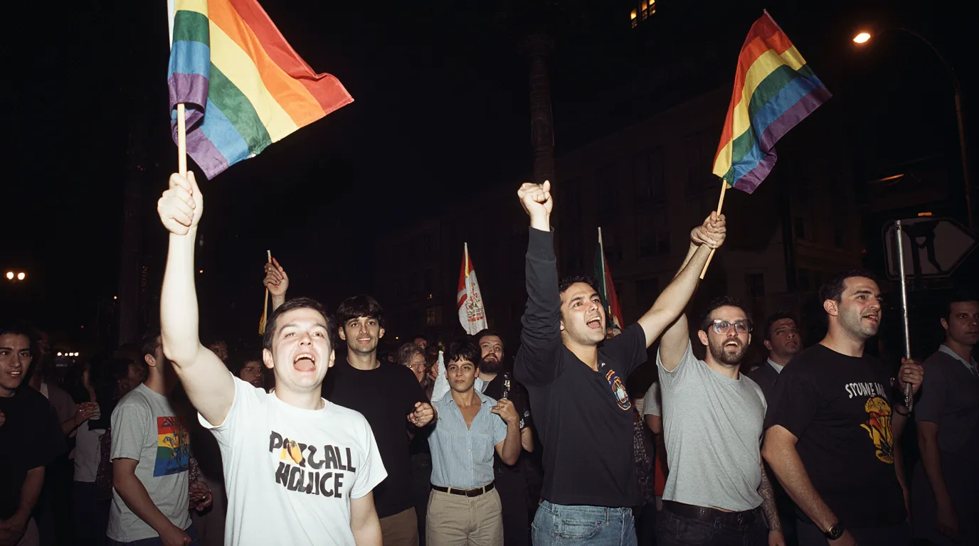 LGBTQ+ activists waving rainbow flags during the Stonewall Riots protest in New York City, 1969