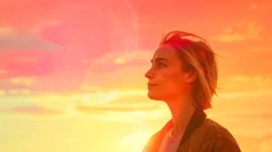 Lesbian pride flag colors illuminating a woman at sunset — inspired by Emily Gwen’s design and LGBTQ+ empowerment