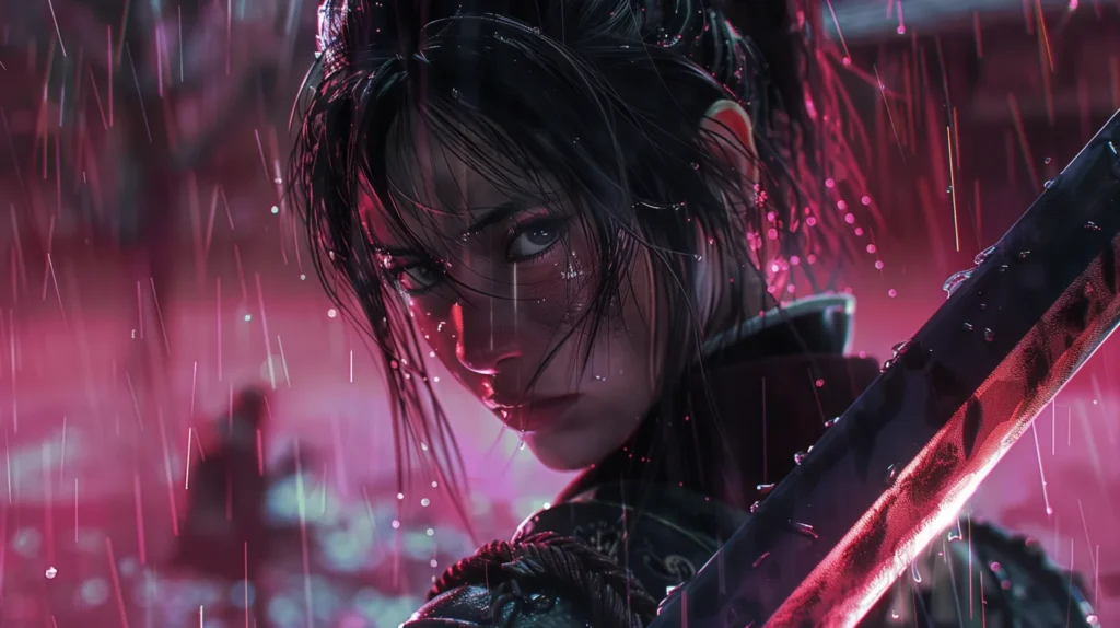 Is Atsu a Lesbian? The Hidden Love Story Behind the Warrior’s Heart 2 Atsu, a fierce female warrior holding her katana under the rain, glowing pink light around her face, symbolizing courage, love, and emotional strength.
