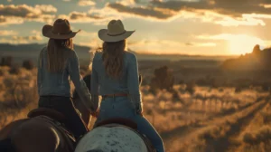 Two lesbian cowgirls on horseback holding hands under a golden sunset — a cinematic moment inspired by the idea of a lesbian Brokeback Mountain.