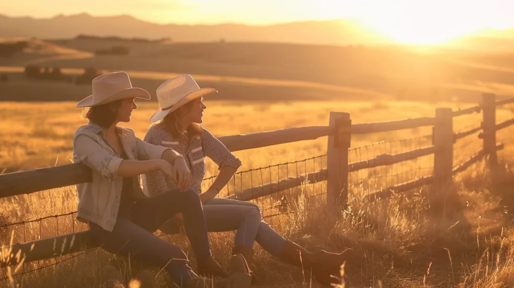 Lesbian Brokeback Mountain: The Queer Western Hollywood Still Owes Us 2 Two lesbian cowgirls resting by a wooden fence at sunset, surrounded by golden light and open fields — inspired by the spirit of a lesbian Brokeback Mountain.