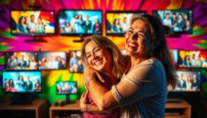 A dynamic and vibrant scene depicting lesbian visibility in media. In the foreground, two women embrace, their expressions radiant with joy and pride. Mid-ground, a diverse cast of LGBTQ+ characters are shown on various screens and devices, representing diverse representation across different media formats. The background is a kaleidoscope of rainbow colors, symbolizing the vibrancy and celebration of the lesbian community. The lighting is warm and inviting, creating a sense of inclusivity and belonging. The overall composition conveys a message of visibility, representation, and the powerful impact of seeing oneself reflected in the media.