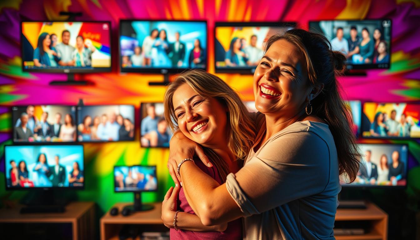 A dynamic and vibrant scene depicting lesbian visibility in media. In the foreground, two women embrace, their expressions radiant with joy and pride. Mid-ground, a diverse cast of LGBTQ+ characters are shown on various screens and devices, representing diverse representation across different media formats. The background is a kaleidoscope of rainbow colors, symbolizing the vibrancy and celebration of the lesbian community. The lighting is warm and inviting, creating a sense of inclusivity and belonging. The overall composition conveys a message of visibility, representation, and the powerful impact of seeing oneself reflected in the media.
