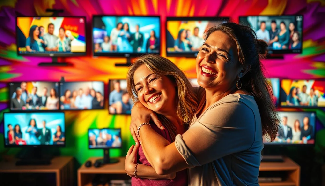 A dynamic and vibrant scene depicting lesbian visibility in media. In the foreground, two women embrace, their expressions radiant with joy and pride. Mid-ground, a diverse cast of LGBTQ+ characters are shown on various screens and devices, representing diverse representation across different media formats. The background is a kaleidoscope of rainbow colors, symbolizing the vibrancy and celebration of the lesbian community. The lighting is warm and inviting, creating a sense of inclusivity and belonging. The overall composition conveys a message of visibility, representation, and the powerful impact of seeing oneself reflected in the media.
